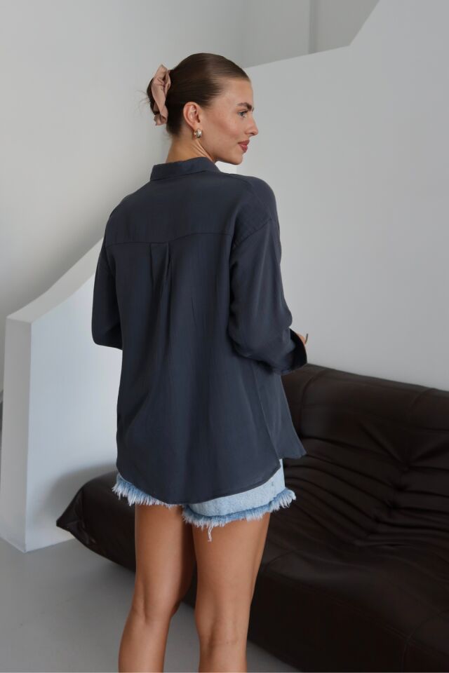 Balenbi Kadın Cepli Oversize Düz Renk Müslin Gömlek 1095 L - Antrasit