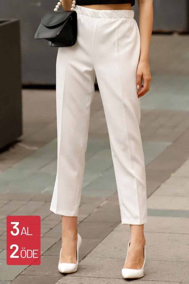 2004 Büyük Beden Havuç Paça Yüksek Bel Likralı Kadın Pantolon Beyaz - 54