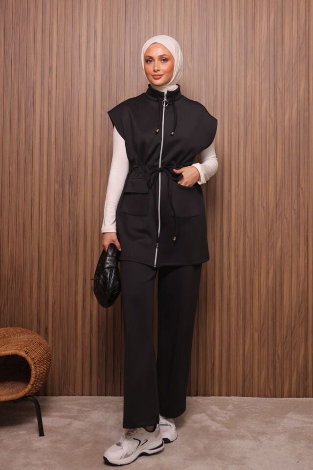 Balenbi Kadın Scuba Kumaş Beli Büzgü Kemerli Yelekli Tesettür Takım 1133 L - Siyah