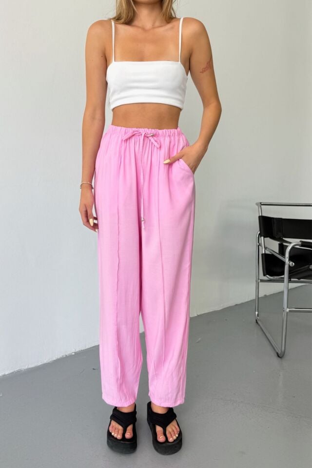 Feela Moda Kadın Modal Cupra Beli Lastikli Çımalı Şalvar Pantolon 2019 Pembe - 36