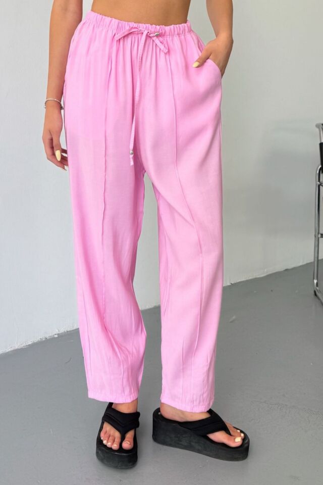 Feela Moda Kadın Modal Cupra Beli Lastikli Çımalı Şalvar Pantolon 2019 Pembe - 36