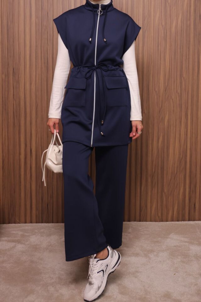 Balenbi Kadın Scuba Kumaş Beli Büzgü Kemerli Yelekli Tesettür Takım 1133 M - Lacivert