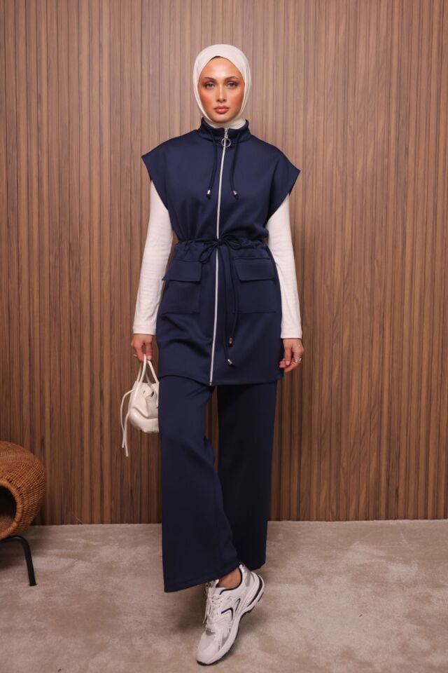 Balenbi Kadın Scuba Kumaş Beli Büzgü Kemerli Yelekli Tesettür Takım 1133 M - Lacivert