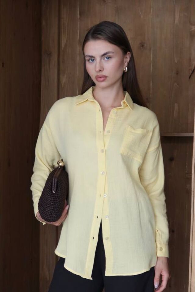 Balenbi Kadın Cepli Oversize Düz Renk Müslin Gömlek 1095 L - Sarı