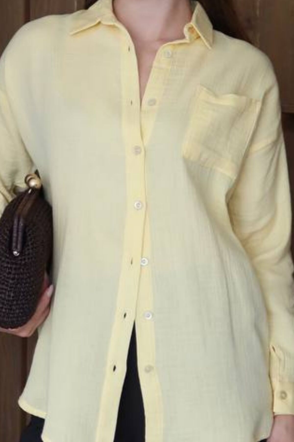 Balenbi Kadın Cepli Oversize Düz Renk Müslin Gömlek 1095 L - Sarı