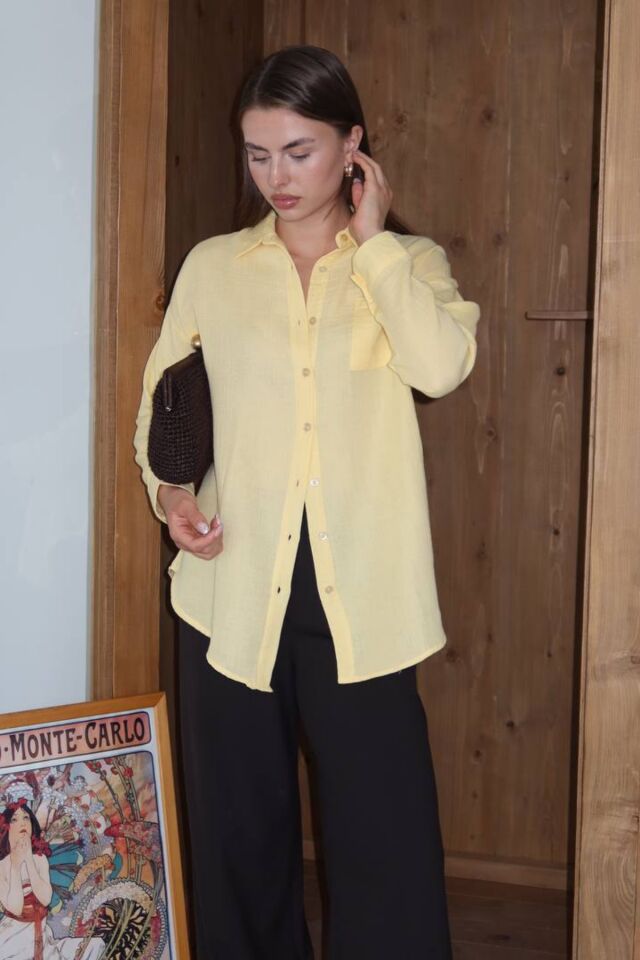 Balenbi Kadın Cepli Oversize Düz Renk Müslin Gömlek 1095 Sarı - L