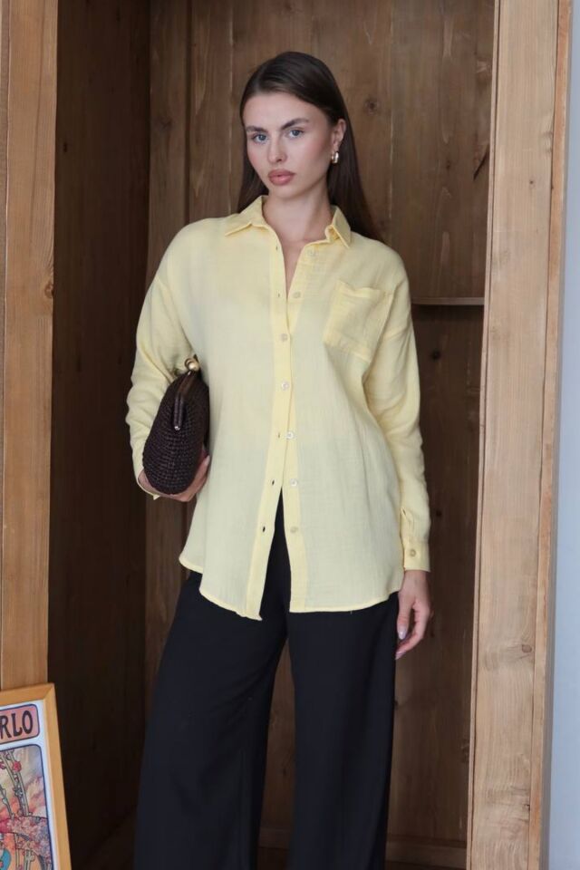 Balenbi Kadın Cepli Oversize Düz Renk Müslin Gömlek 1095 L - Sarı