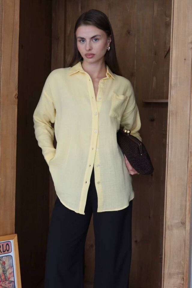 Balenbi Kadın Cepli Oversize Düz Renk Müslin Gömlek 1095 L - Sarı
