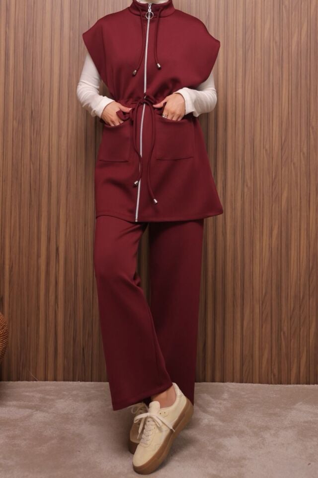 Balenbi Kadın Scuba Kumaş Beli Büzgü Kemerli Yelekli Tesettür Takım 1133 Bordo - XL