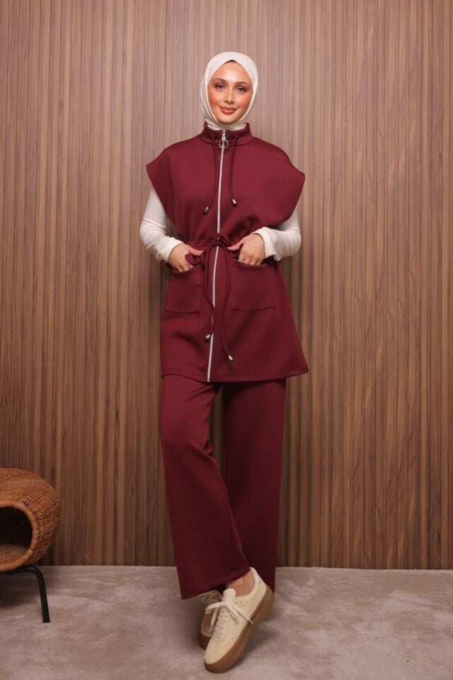 Balenbi Kadın Scuba Kumaş Beli Büzgü Kemerli Yelekli Tesettür Takım 1133 Bordo - XL