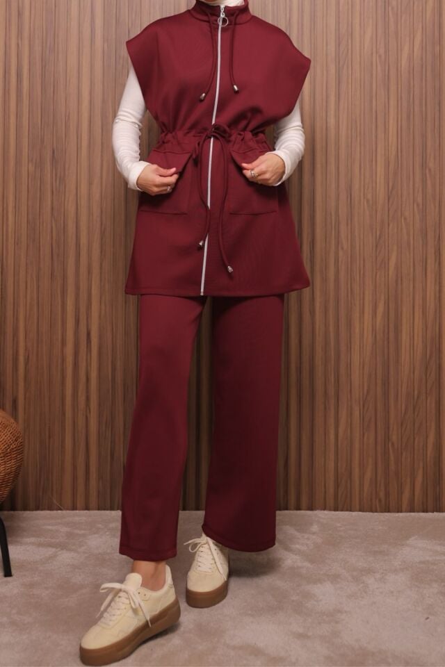 Balenbi Kadın Scuba Kumaş Beli Büzgü Kemerli Yelekli Tesettür Takım 1133 XL - Bordo