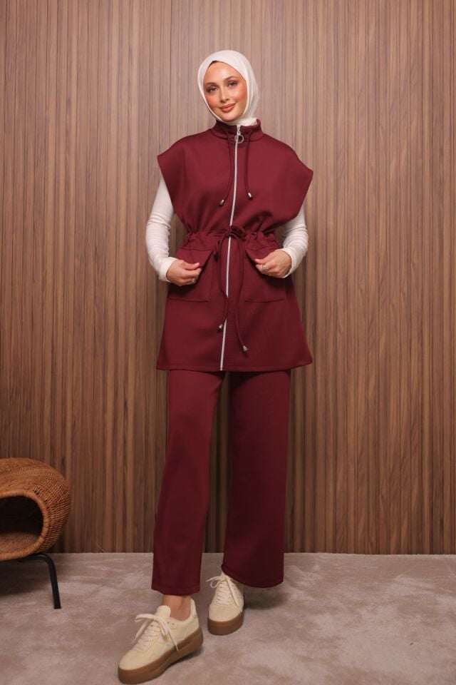 Balenbi Kadın Scuba Kumaş Beli Büzgü Kemerli Yelekli Tesettür Takım 1133 XL - Bordo