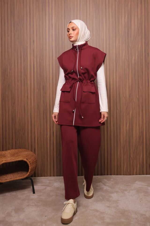 Balenbi Kadın Scuba Kumaş Beli Büzgü Kemerli Yelekli Tesettür Takım 1133 XL - Bordo