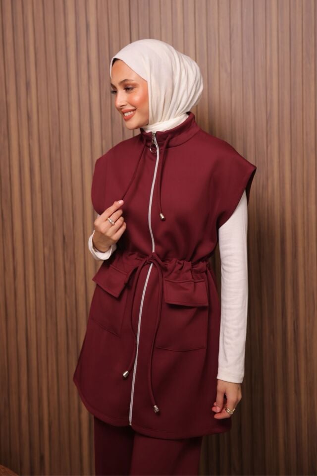 Balenbi Kadın Scuba Kumaş Beli Büzgü Kemerli Yelekli Tesettür Takım 1133 XL - Bordo