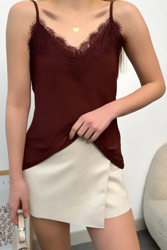 Balenbi Kadın Dantel Detaylı İp Askılı Sandy Bluz 1070 L - Kızıl