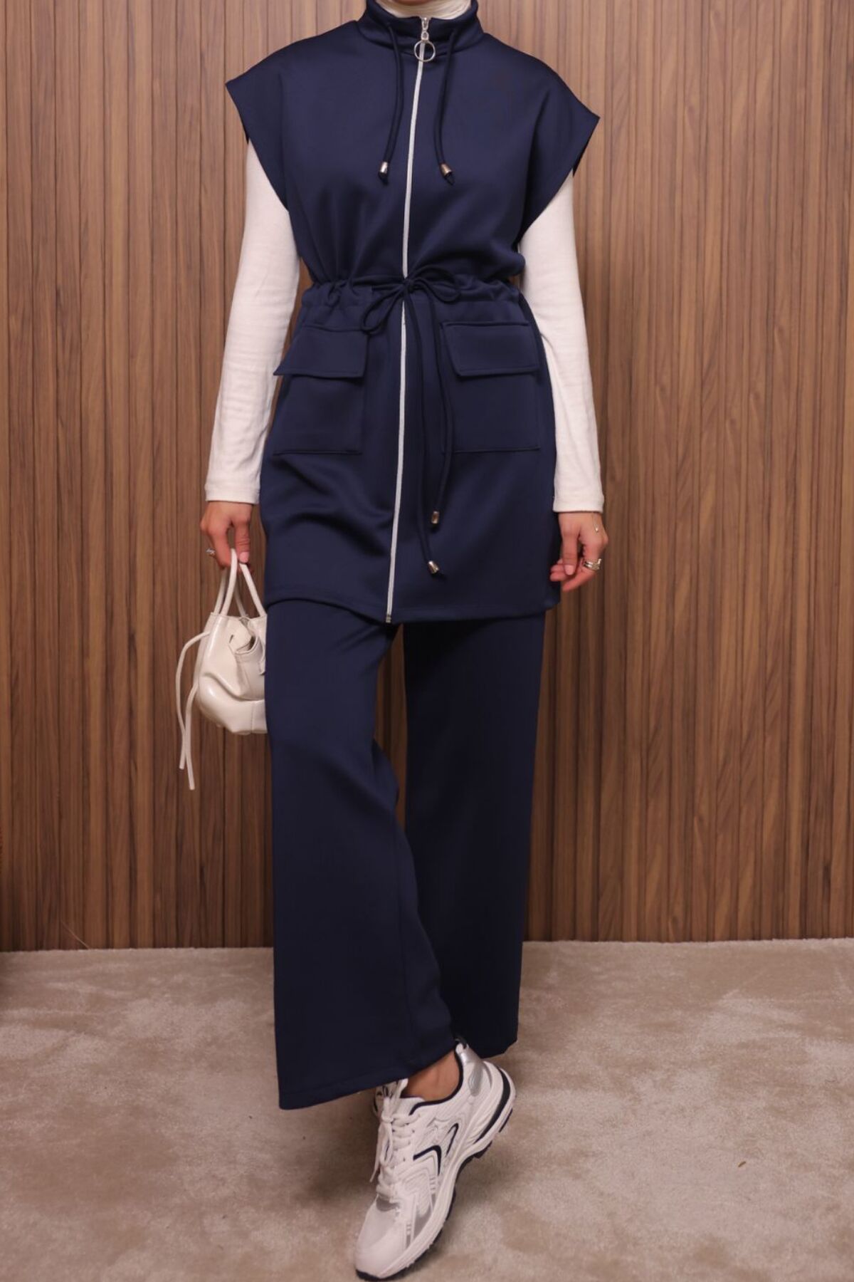 Balenbi Kadın Scuba Kumaş Beli Büzgü Kemerli Yelekli Tesettür Takım 1133 XL - Lacivert