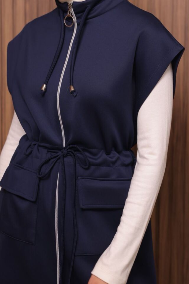 Balenbi Kadın Scuba Kumaş Beli Büzgü Kemerli Yelekli Tesettür Takım 1133 XL - Lacivert