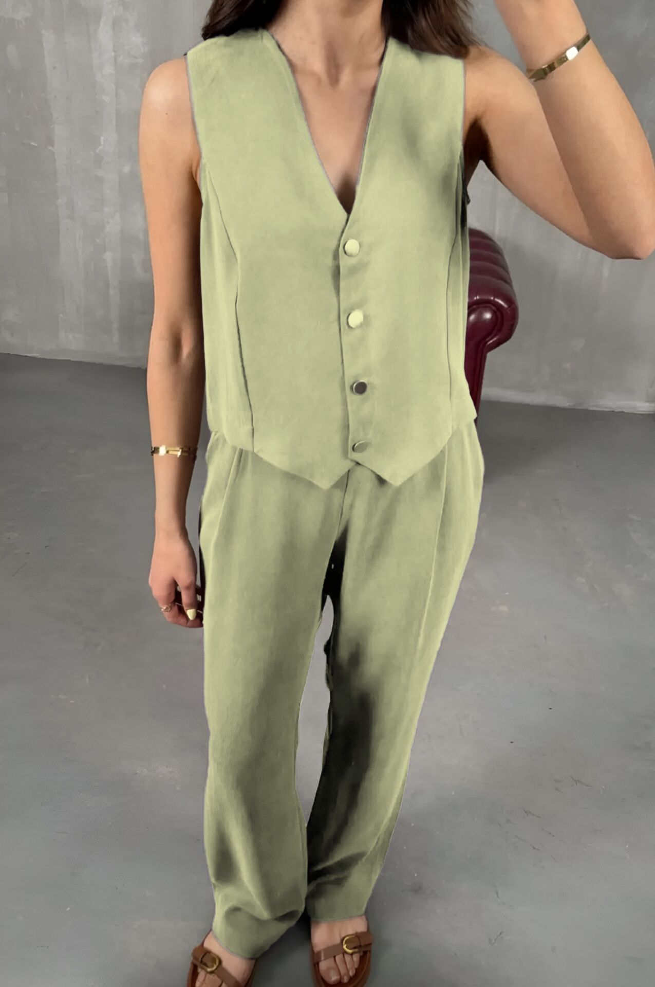 Feela Moda 2011 Kadın Modal Kumaş Dokuma Yelekli Palazzo Takım S - Açık Haki