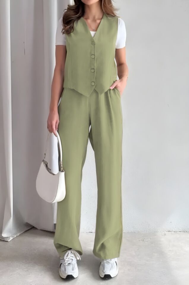 Feela Moda 2011 Kadın Modal Kumaş Dokuma Yelekli Palazzo Takım S - Açık Haki