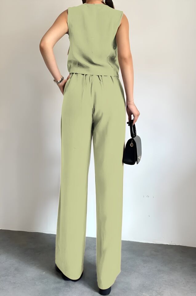 Feela Moda 2011 Kadın Modal Kumaş Dokuma Yelekli Palazzo Takım S - Açık Haki