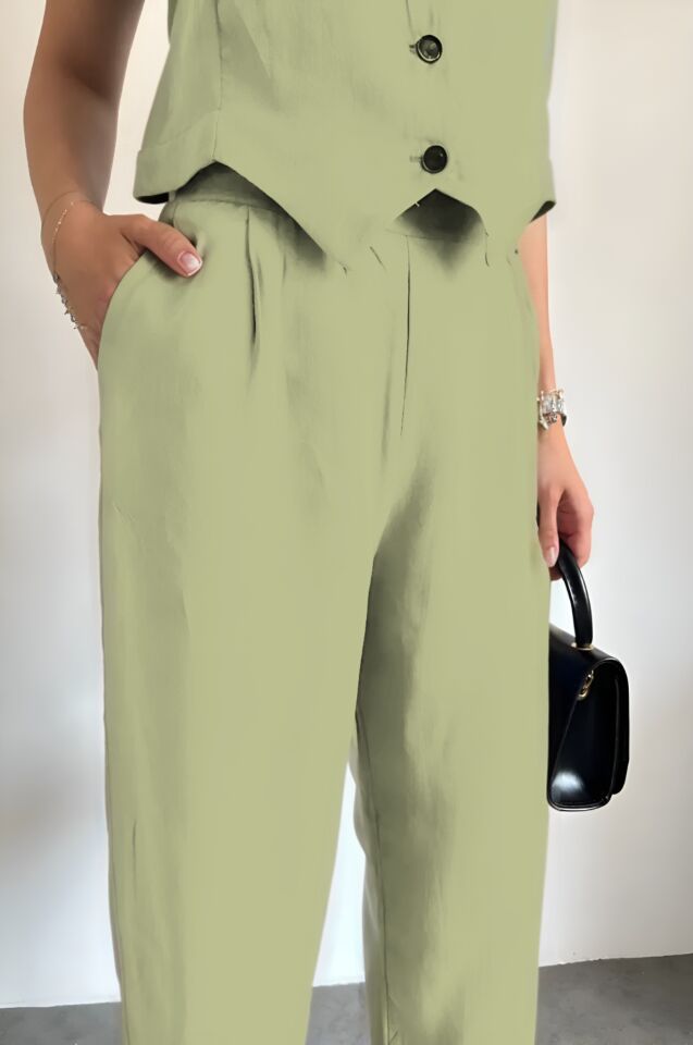 Feela Moda 2011 Kadın Modal Kumaş Dokuma Yelekli Palazzo Takım S - Açık Haki