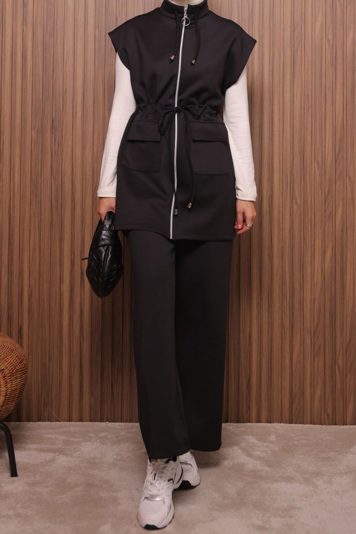 Balenbi Kadın Scuba Kumaş Beli Büzgü Kemerli Yelekli Tesettür Takım 1133 XL - Siyah