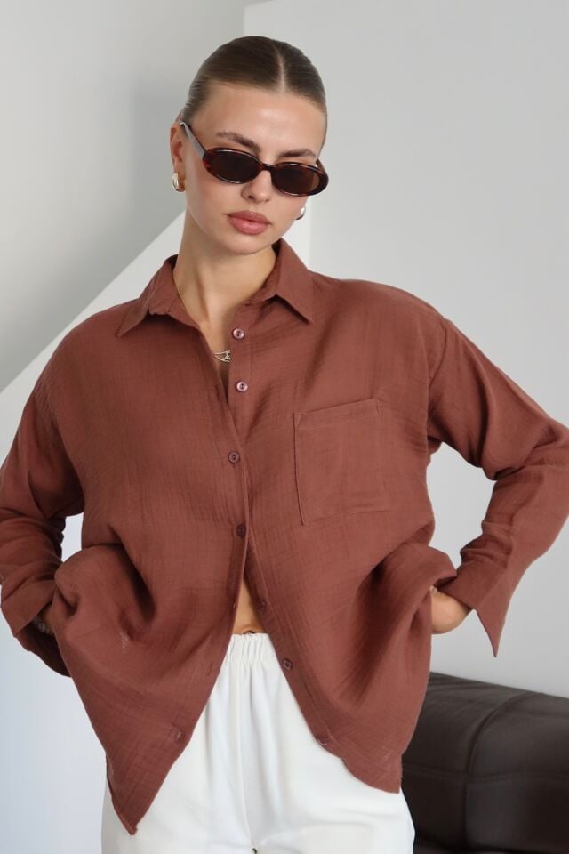 Balenbi Kadın Cepli Oversize Düz Renk Müslin Gömlek 1095 M - Kahverengi