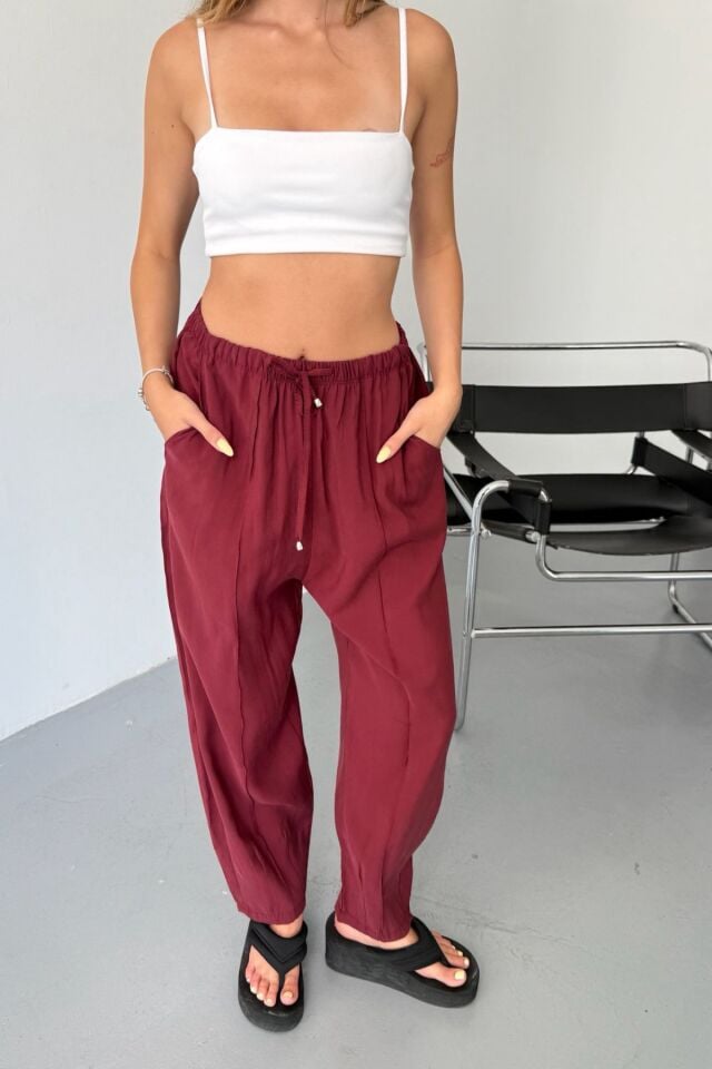 Feela Moda Kadın Modal Cupra Beli Lastikli Çımalı Şalvar Pantolon 2019 42 - Bordo