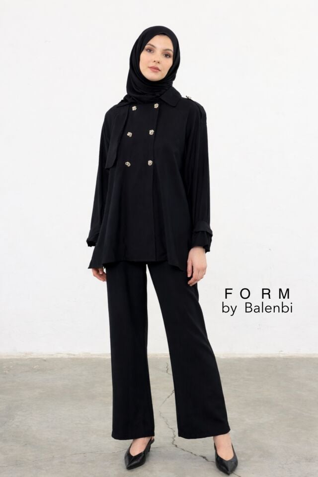 Balenbi Kruvaze Yaka Çift Düğme Detaylı Tesettür Kadın Dokuma Takım 1175 – Form Serisi S/M - Siyah