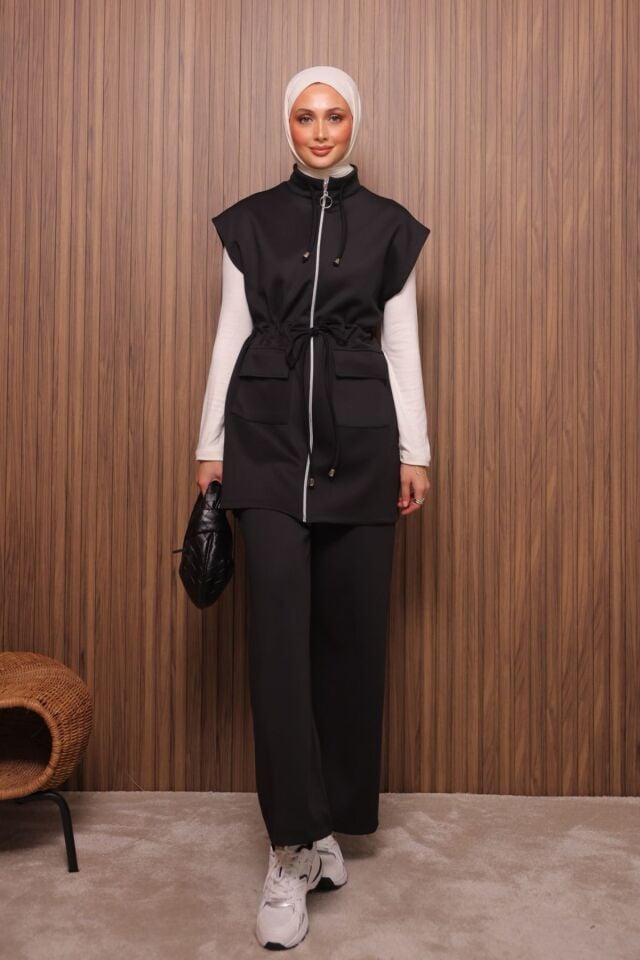 Balenbi Kadın Scuba Kumaş Beli Büzgü Kemerli Yelekli Tesettür Takım 1133 Siyah - XL