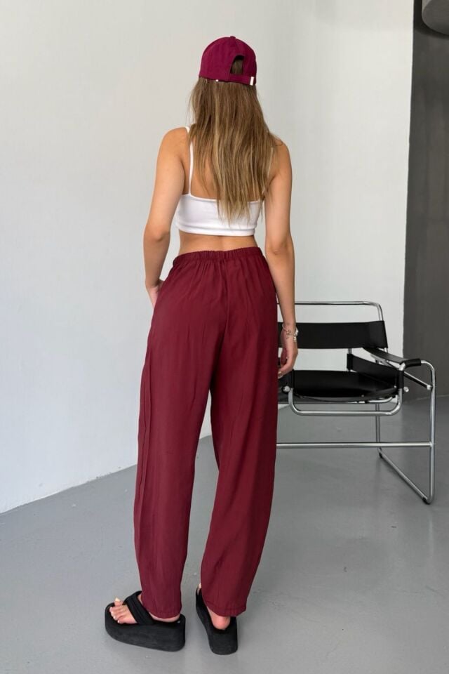 Feela Moda Kadın Modal Cupra Beli Lastikli Çımalı Şalvar Pantolon 2019 44 - Bordo