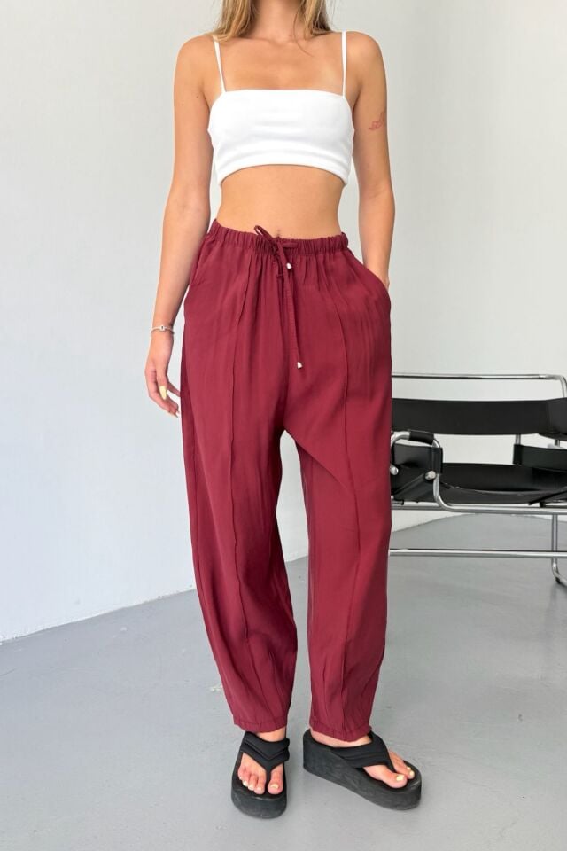 Feela Moda Kadın Modal Cupra Beli Lastikli Çımalı Şalvar Pantolon 2019 44 - Bordo