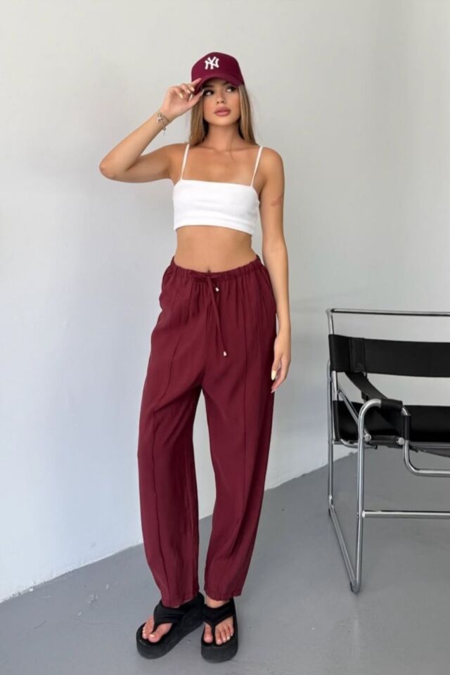 Feela Moda Kadın Modal Cupra Beli Lastikli Çımalı Şalvar Pantolon 2019 44 - Bordo