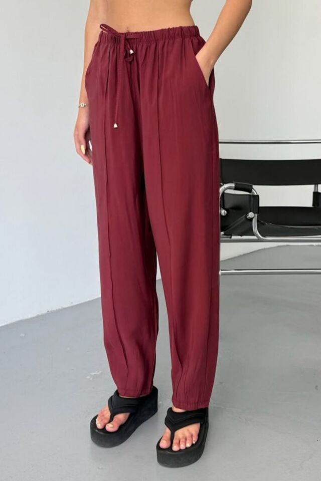 Feela Moda Kadın Modal Cupra Beli Lastikli Çımalı Şalvar Pantolon 2019 44 - Bordo