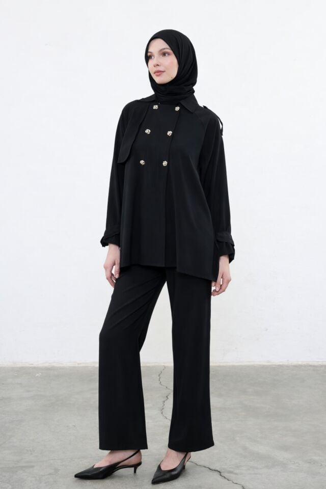 Balenbi Kruvaze Yaka Çift Düğme Detaylı Tesettür Kadın Dokuma Takım 1175 – Form Serisi Siyah - L/XL