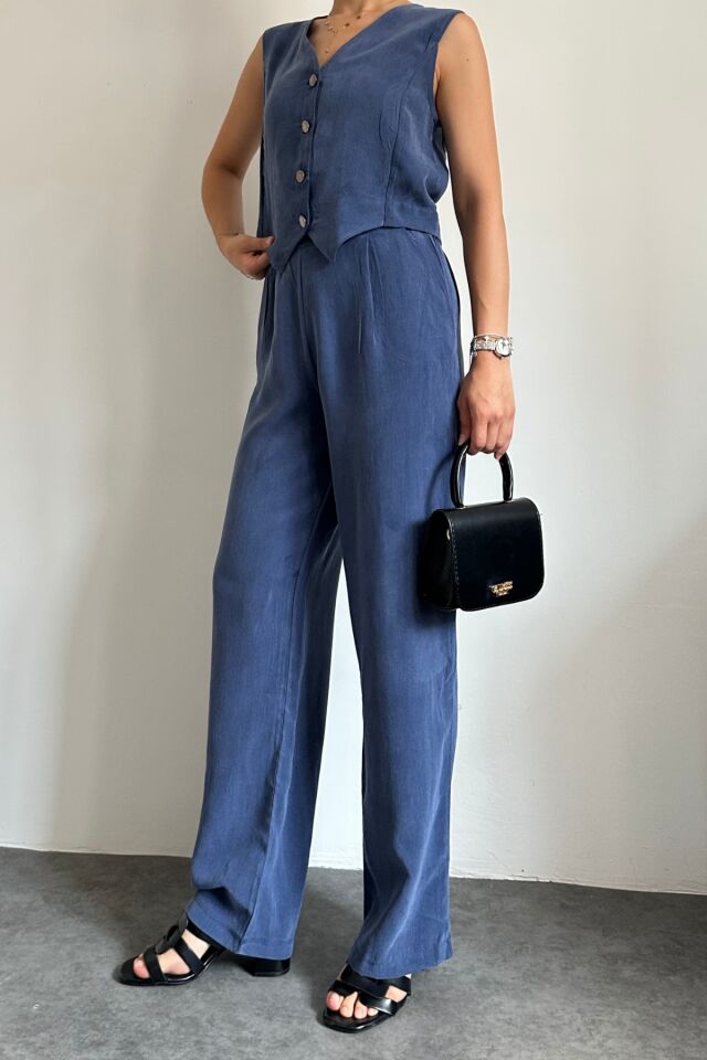 Feela Moda 2011 Kadın Modal Kumaş Dokuma Yelekli Palazzo Takım S - İndigo