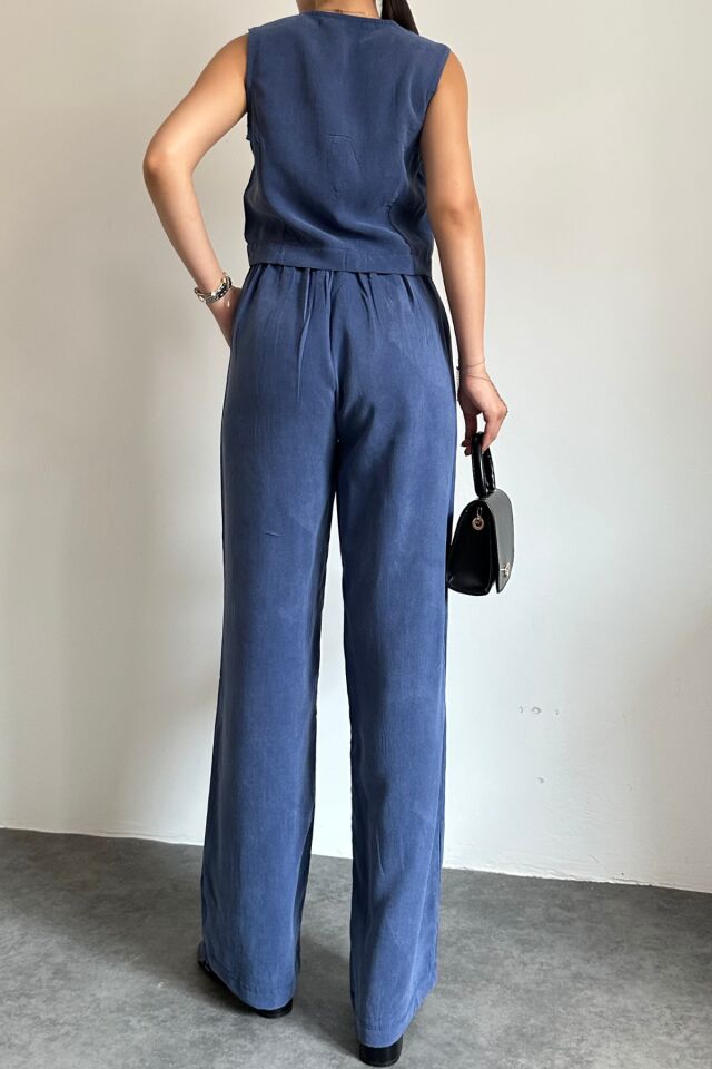 Feela Moda 2011 Kadın Modal Kumaş Dokuma Yelekli Palazzo Takım S - İndigo