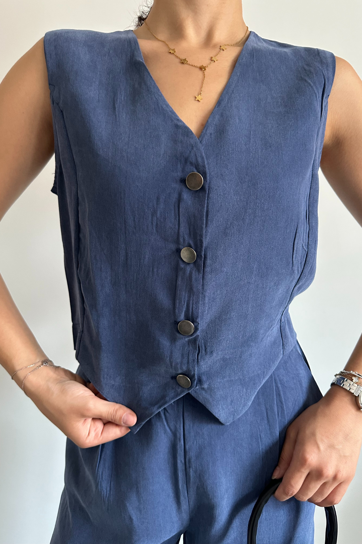 Feela Moda 2011 Kadın Modal Kumaş Dokuma Yelekli Palazzo Takım S - İndigo