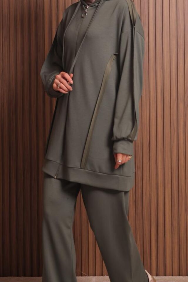 Balenbi Kadın Modal Kumaş Oversize Kapüşonlu Tesettür Takım 1132 2XL - Haki