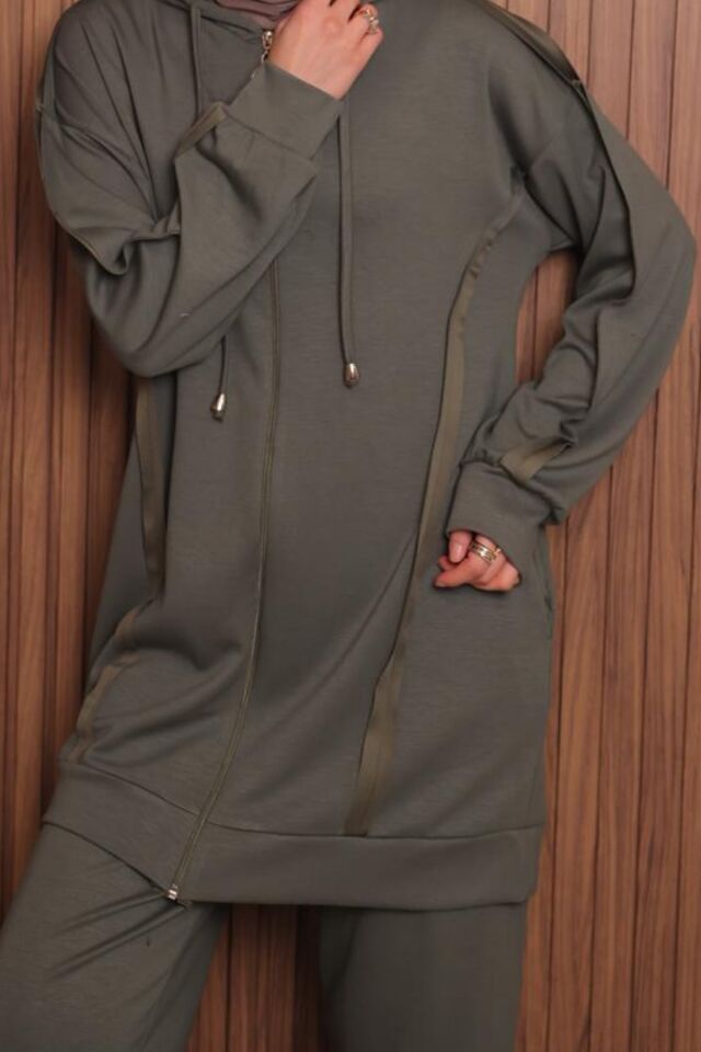 Balenbi Kadın Modal Kumaş Oversize Kapüşonlu Tesettür Takım 1132 2XL - Haki