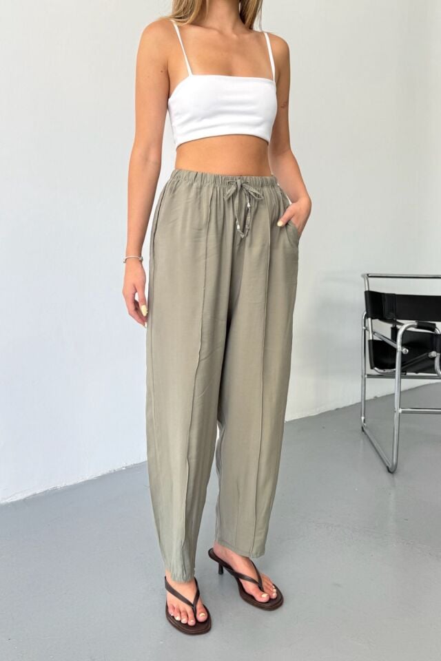 Feela Moda Kadın Modal Cupra Beli Lastikli Çımalı Şalvar Pantolon 2019 40 - Haki