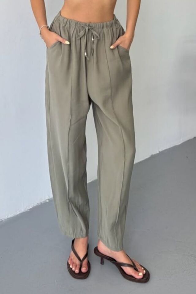 Feela Moda Kadın Modal Cupra Beli Lastikli Çımalı Şalvar Pantolon 2019 40 - Haki