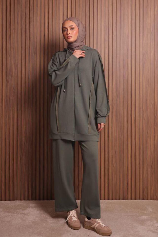 Balenbi Kadın Modal Kumaş Oversize Kapüşonlu Tesettür Takım 1132 Haki - 2XL