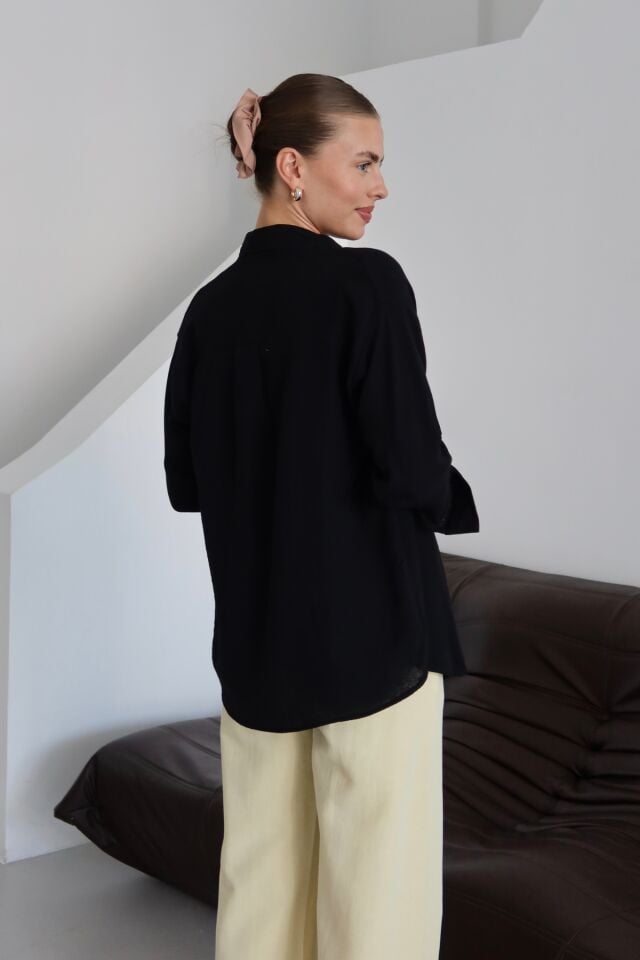 Balenbi Kadın Cepli Oversize Düz Renk Müslin Gömlek 1095 Siyah - M