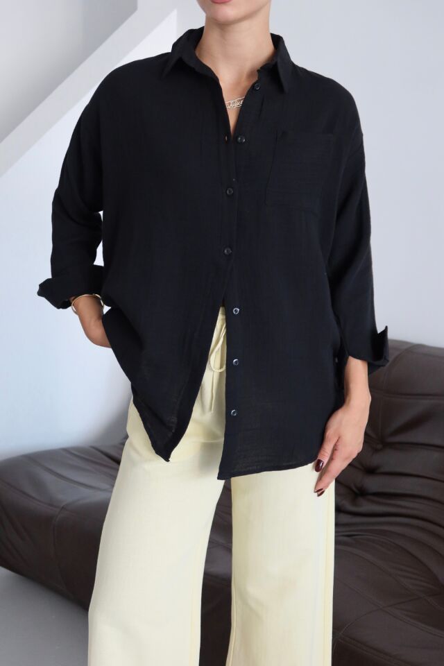 Balenbi Kadın Cepli Oversize Düz Renk Müslin Gömlek 1095 M - Siyah