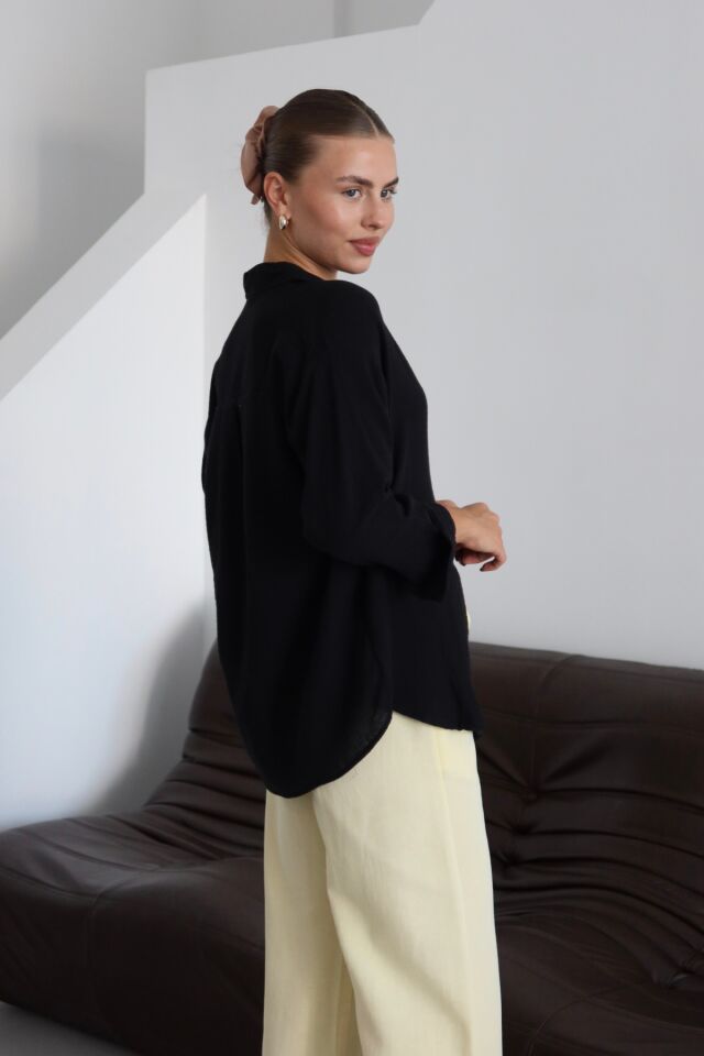 Balenbi Kadın Cepli Oversize Düz Renk Müslin Gömlek 1095 M - Siyah