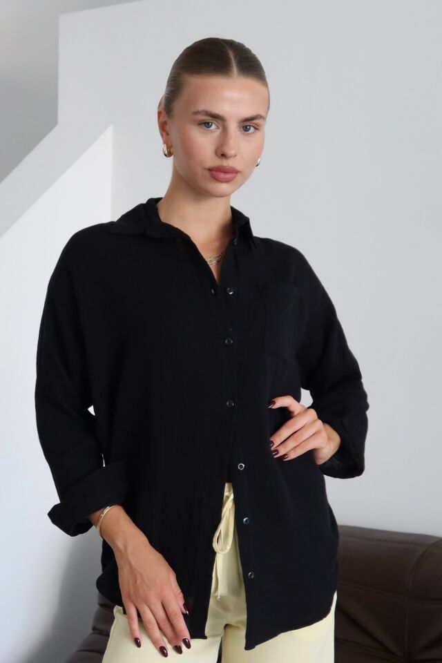 Balenbi Kadın Cepli Oversize Düz Renk Müslin Gömlek 1095 M - Siyah