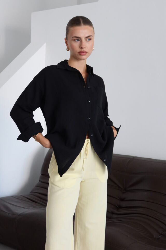 Balenbi Kadın Cepli Oversize Düz Renk Müslin Gömlek 1095 M - Siyah