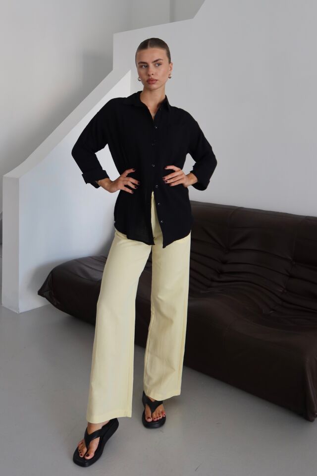 Balenbi Kadın Cepli Oversize Düz Renk Müslin Gömlek 1095 M - Siyah