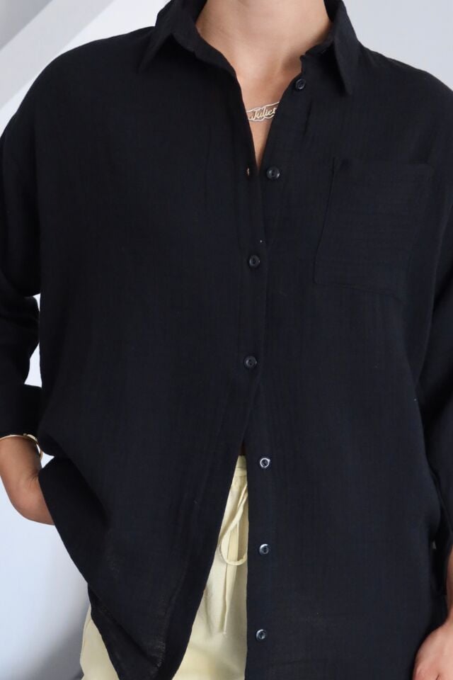 Balenbi Kadın Cepli Oversize Düz Renk Müslin Gömlek 1095 Siyah - M